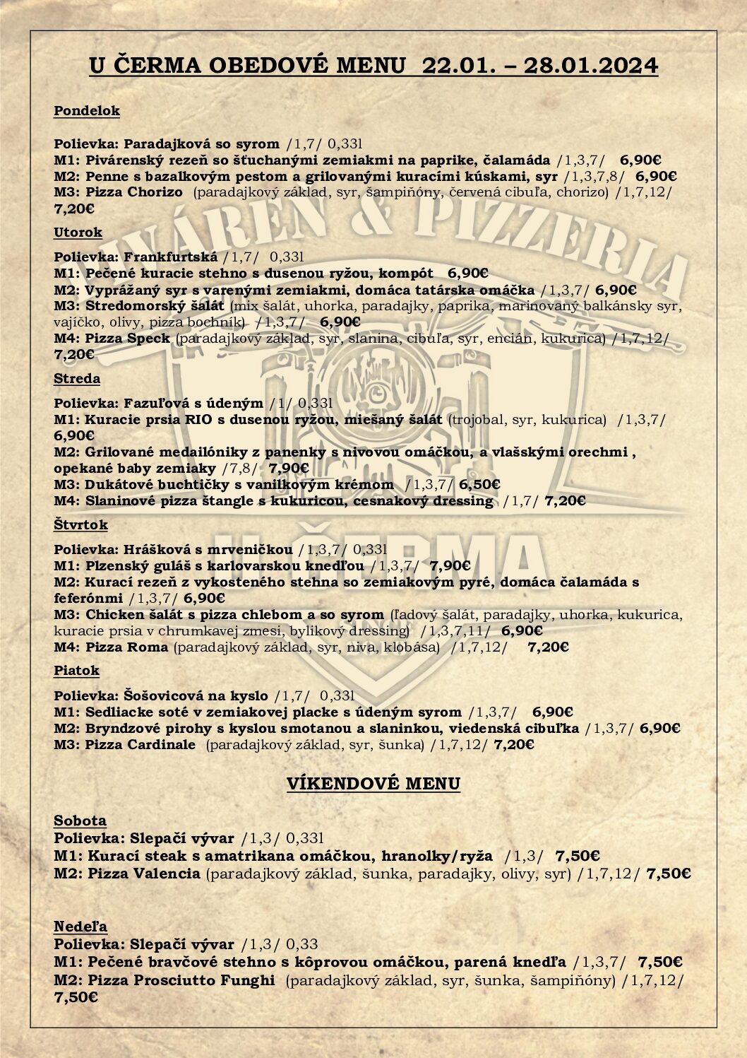 PIVÁREŇ U ČERMA -TÝŽDENNÉ MENU