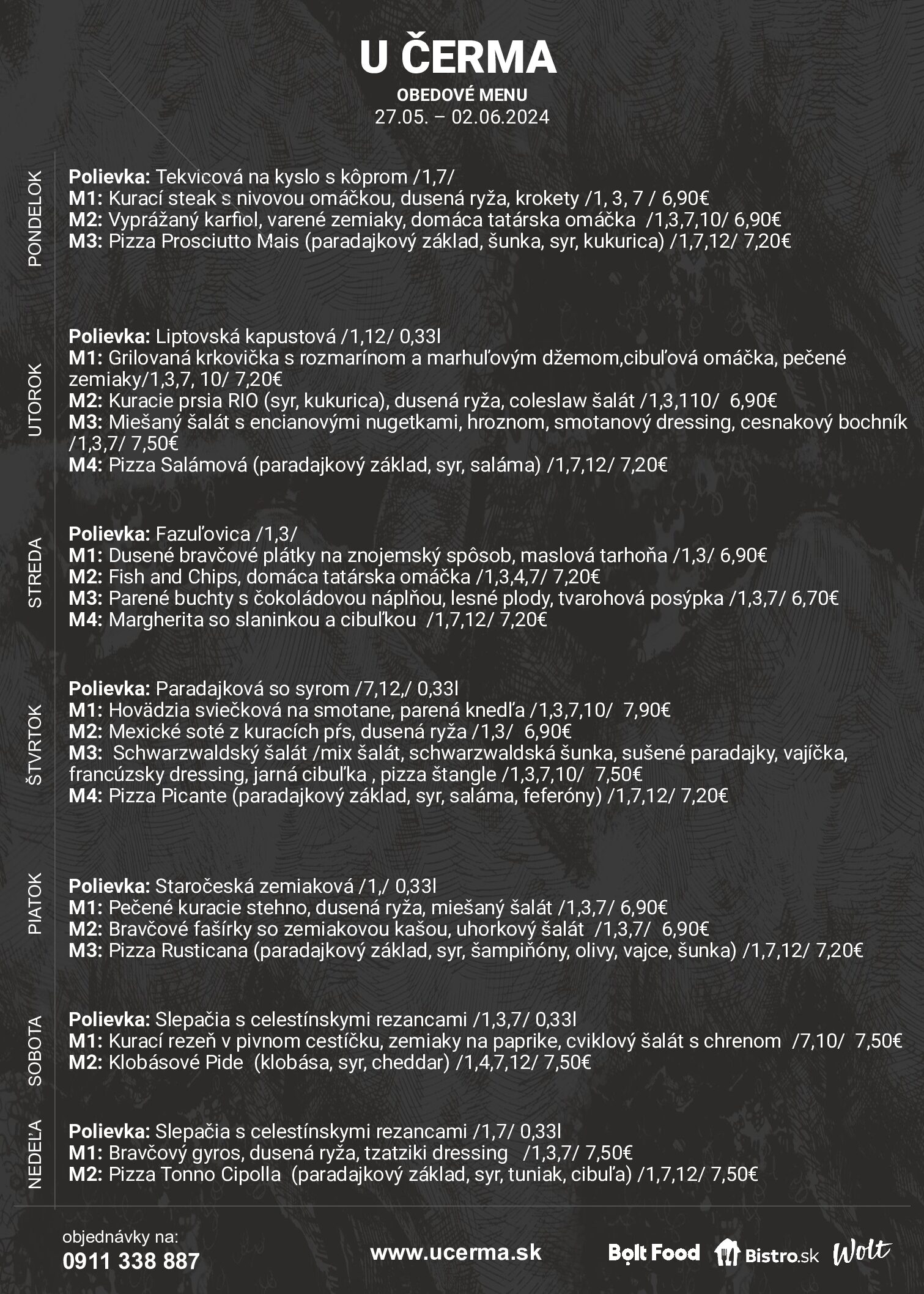 PIVÁREŇ U ČERMA -TÝŽDENNÉ MENU